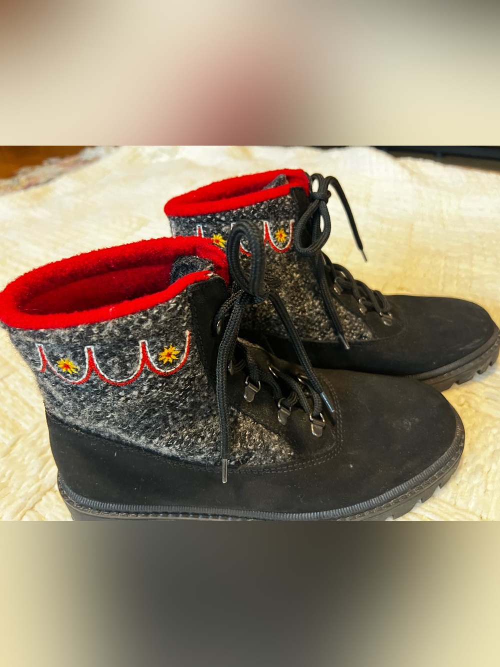 L.L. Bean Black, grey and Red Lace-Up Wool-Trim Ankle Boots